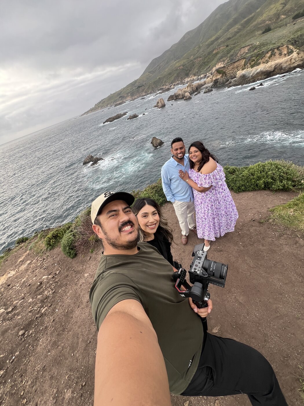 Drew with engaged couple at Big Sur lookout